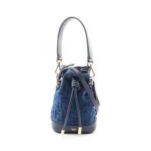 Fendi Montresor FF Flock Denim Handbag Leather Blue Navy Blue